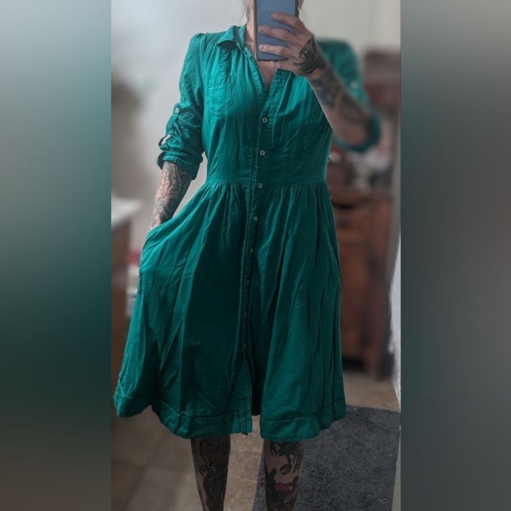 Moulinette Soeurs Emerald Green Long Sleeve Button-Front Dress